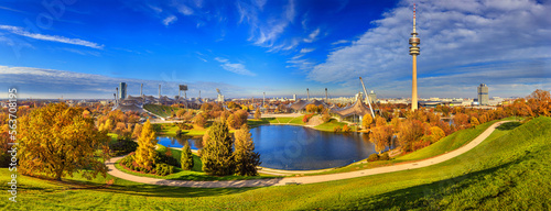 Autumn cityscape, panorama, banner - view of the Olympiapark or Olympic Park and Olympic Lake in Munich, Bavaria, Germany