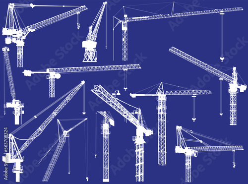 twelve building cranes isolated on blue