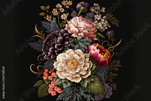 Vintage bouquet of beautiful flowers on black. Floral background. Baroque old style Generative AI © Suleyman