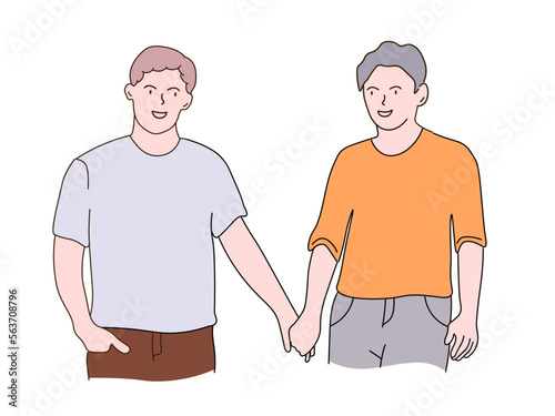 A young couple embraces, looks at each other. Two gay guys in love with each other holding hands. The concept of homosexuality, equality of rights. Vector line graphics, freehand drawing.