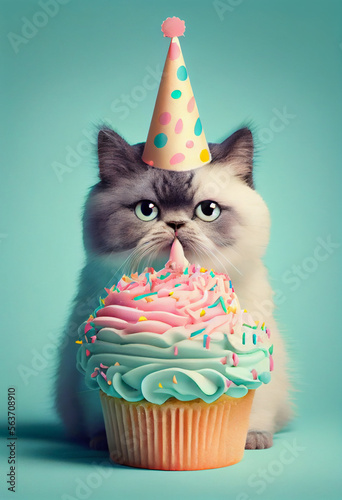 Portrait von einer Katze mit Partyhut und Geburtstagstorte am Geburtstag feiern vor pastellfarbenen Hintergrund - Generative Ai
