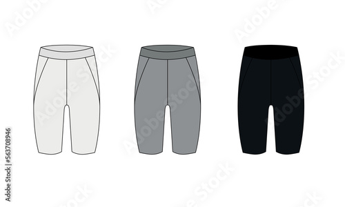 Vector outline drawing of sports cycling shorts in black, white and gray colors. Set of sports racing shorts front and back view. Tight underwear template, vector.