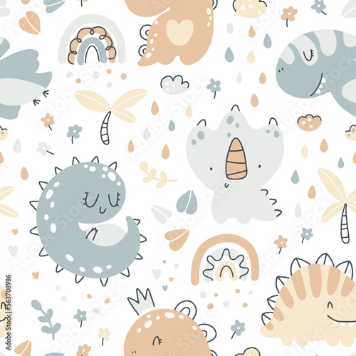 Baby dino seamless pattern. Cute hand drawn dinosaur characters in a simple cartoon doodle style in a limited gender neutral palette. Ideal for fabric printing  textiles  nursery wallpaper.