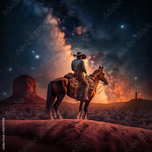 Cowboy riding horse at night. Generative AI photo