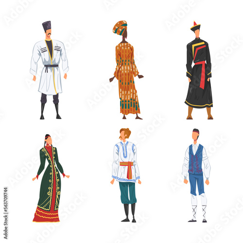 People of Different Nationality Wearing Ethnic Clothing Standing Pose Vector Set