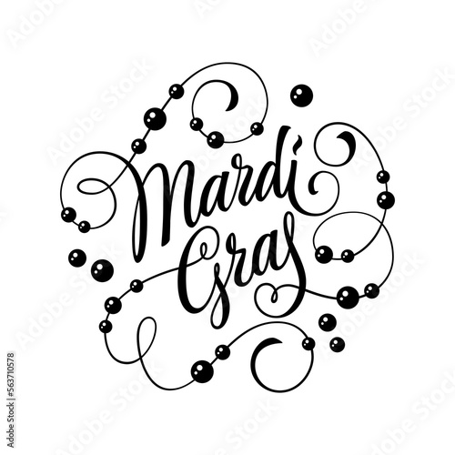 Beautiful calligraphy of the words - Mardi Gras - in bold, elegant letters. The script is surrounded by a flourish of intricate lines and beads. Isolated vector typography design element