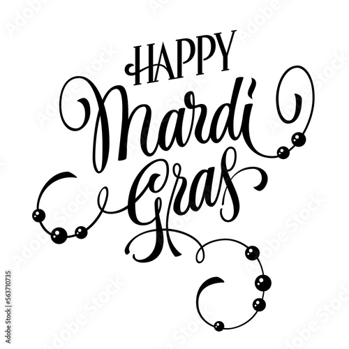 A modern; elegant calligraphic logo design - Happy Mardi Gras - in playful lettering. The design is accented by a flourish of intricate lines and beads. Isolated vector typography design element.