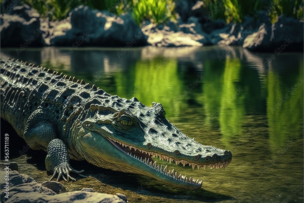 a large alligator is sitting on the ground by the water's edge, with
