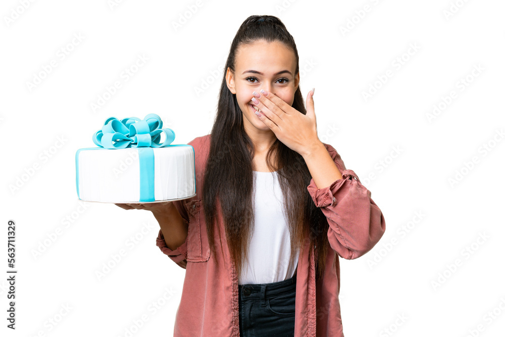 Young Arabian woman holding birthday cake over isolated chroma key background happy and smiling covering mouth with hand Young Arabian woman holding birthday cake over isolated chroma key background happy and smiling covering mouth with hand