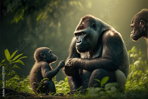A mother gorilla and her two baby gorillas in the jungle.