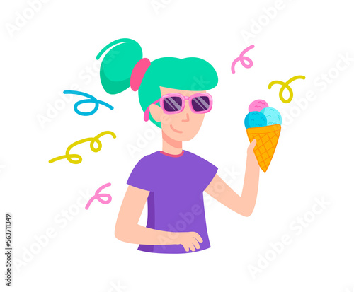 Happy woman in sunglasses eating ice cream. Summertime rest. Illustration in cartoon sticker design