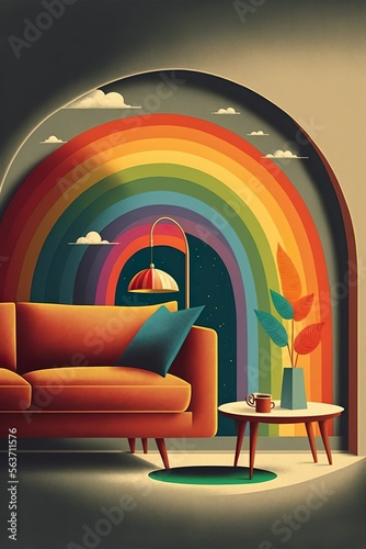 Mid century interior sofa colorful flower rainbow and clouds photo