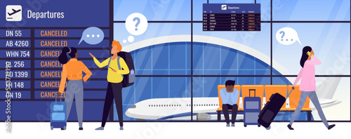 Flight canceled vector illustration. Cartoon all passengers with luggages and question marks in bubbles above heads walking, worried tourists standing near departure schedule on board at airport