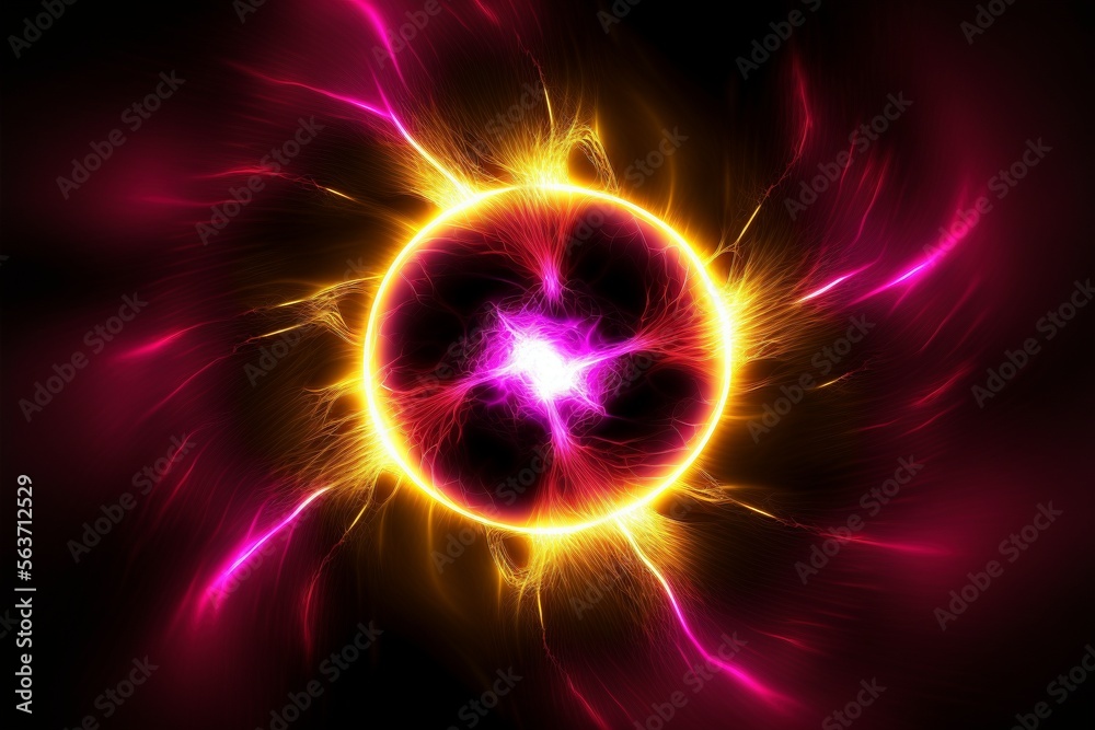 Bright pink and yellow smoke swirling around a mysterious black background