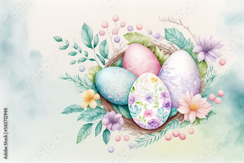 Easter watercolor image of colorful easter eggs in nest and flowers, Generative AI