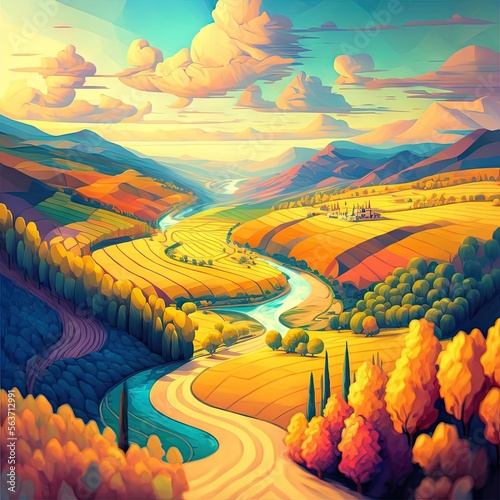 beautiful landscape, colorful view, illustration ai generated
