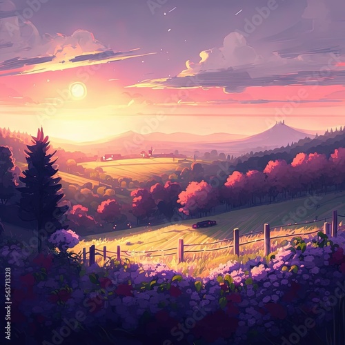 beautiful landscape, colorful view, illustration ai generated