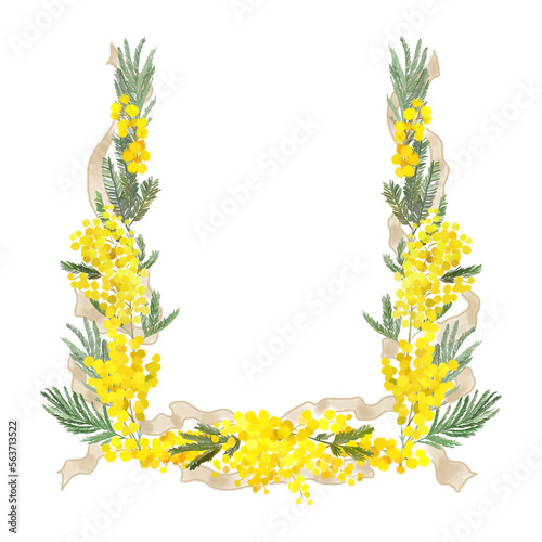 vintage floral garland of mimosa flowers. Yellow flowers template