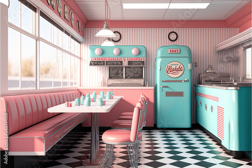 3D illustration of a 1950s vintage American diner interior , ai generated photo