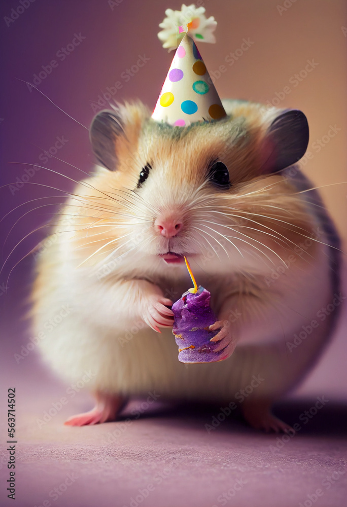 Portrait von einem Hamster mit Partyhut und Geburtstagstorte am