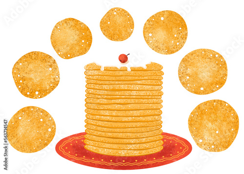 Pancakes set for Maslenitsa. Slavic Shrove Tuesday or Maslenitsa. delicious fried pancake. textured hand draw illustration. graphic element for design. stack of pancakes on a plate