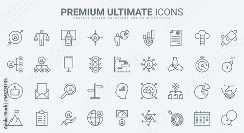 Business management, leadership thin line icons set vector illustration. Outline work solutions of professional leader, progress and growth of managers career, empowerment and balance of goals