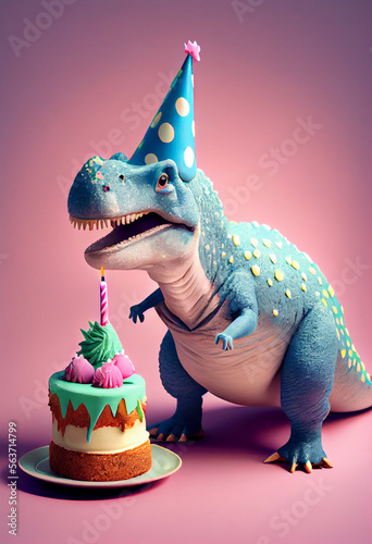 Portrait von einem Dinosaurier mit Partyhut und Geburtstagstorte am Geburtstag feiern vor pastellfarbenen Hintergrund - Generative Ai