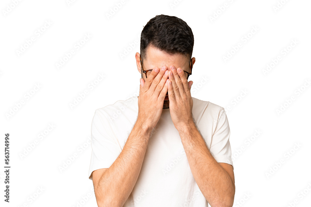 Young handsome caucasian man over isolated chroma key background with tired and sick expression Young handsome caucasian man over isolated chroma key background with tired and sick expression
