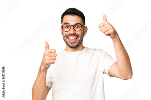 Fotobehang Young handsome caucasian man over isolated chroma key background giving a thumbs