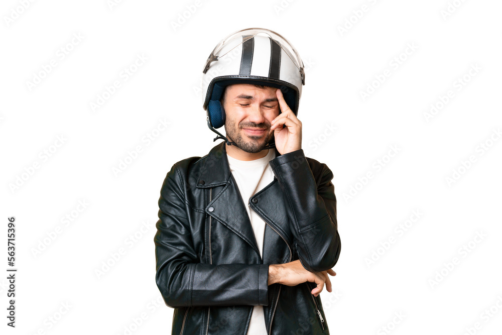 Young caucasian man with a motorcycle helmet over isolated chroma key background with headache Young caucasian man with a motorcycle helmet over isolated chroma key background with headache
