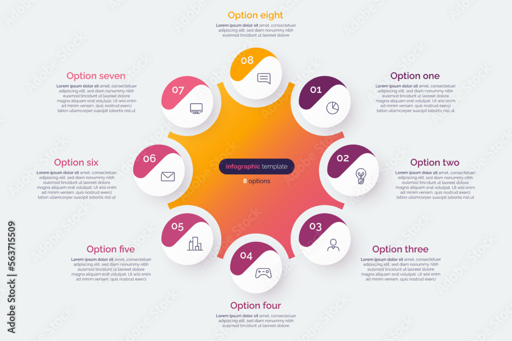 Eight option circle infographic diagram. Vector illustration
