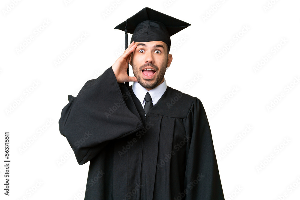 Young university graduate man over isolated chroma key background with surprise and shocked facial expression Young university graduate man over isolated chroma key background with surprise and shocked facial expression