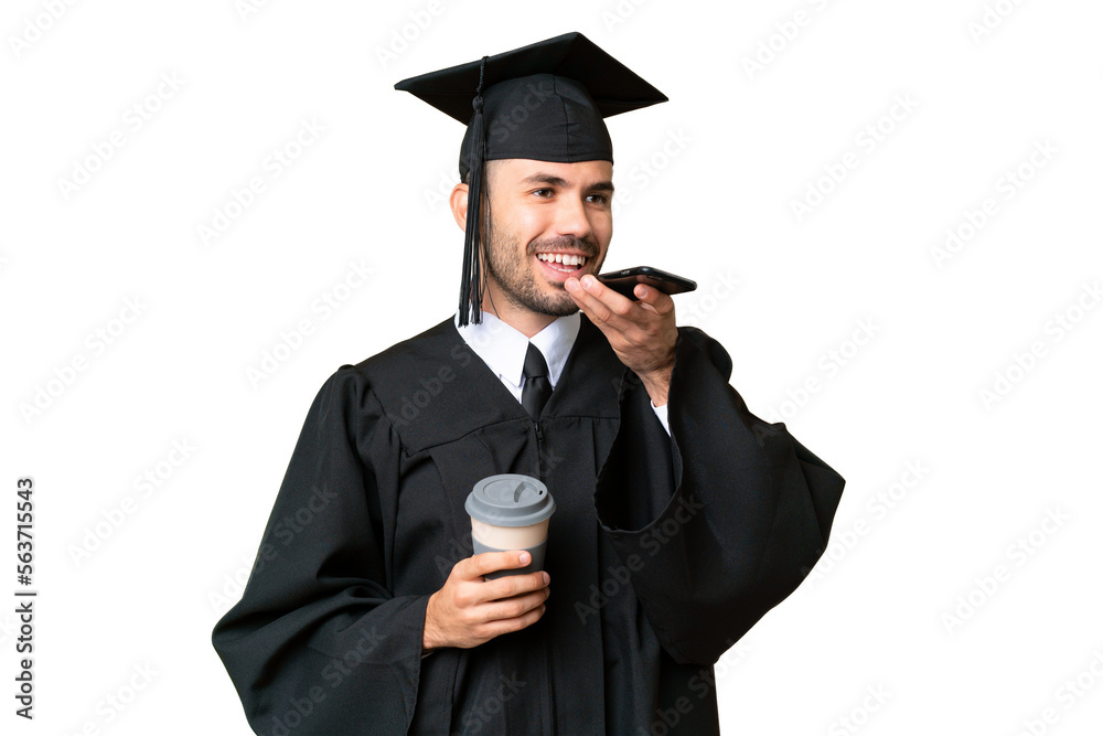 Young university graduate man over isolated chroma key background holding coffee to take away and a mobile Young university graduate man over isolated chroma key background holding coffee to take away and a mobile
