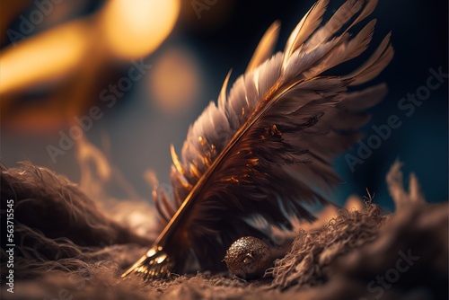 Fototapeta a feather quill with a golden ball on it sitting on a pile of feathers and a blurry background of gold and black lights in the background, with a blurry light,
