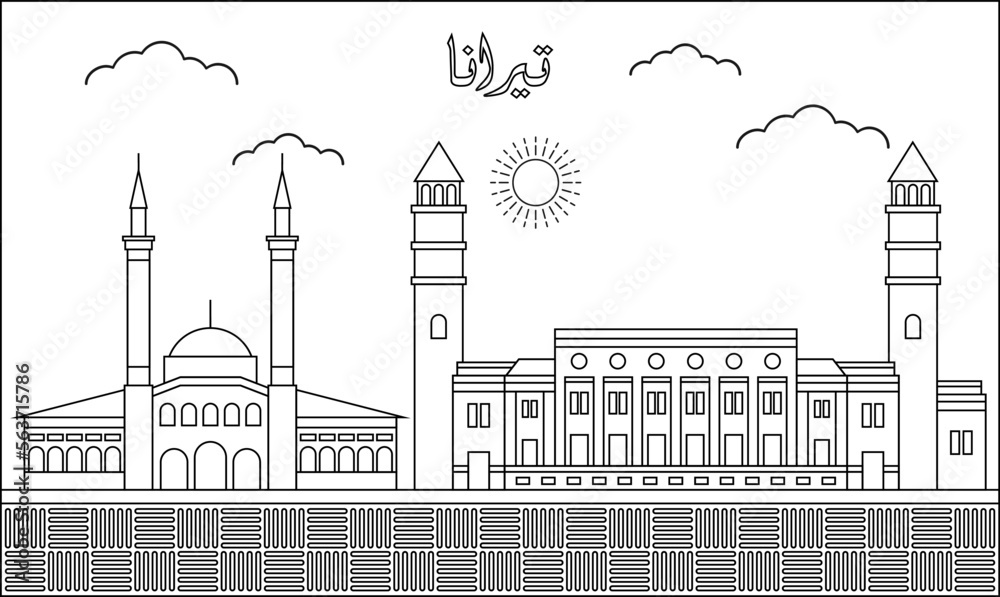 Tirana skyline with line art style vector illustration. Modern city design vector. Arabic translate : Tirana Tirana skyline with line art style vector illustration. Modern city design vector. Arabic translate : Tirana