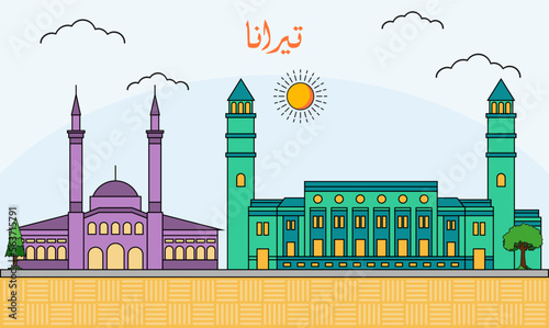 Tirana skyline with line art style vector illustration. Modern city design vector. Arabic translate : Tirana