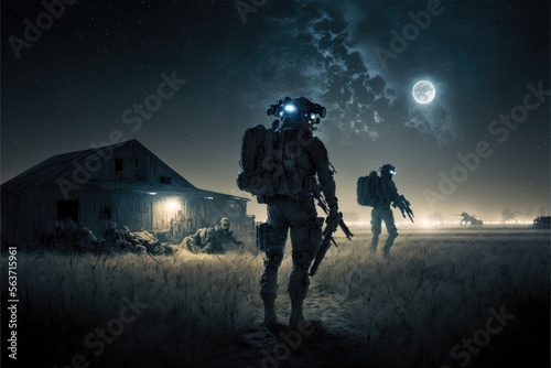 night warehouse attack by Special Forces Military Unit in Full Tactical Gear in the desert, generative ai © Ecleposs