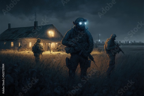 night warehouse attack by Special Forces Military Unit in Full Tactical Gear in the desert  generative ai