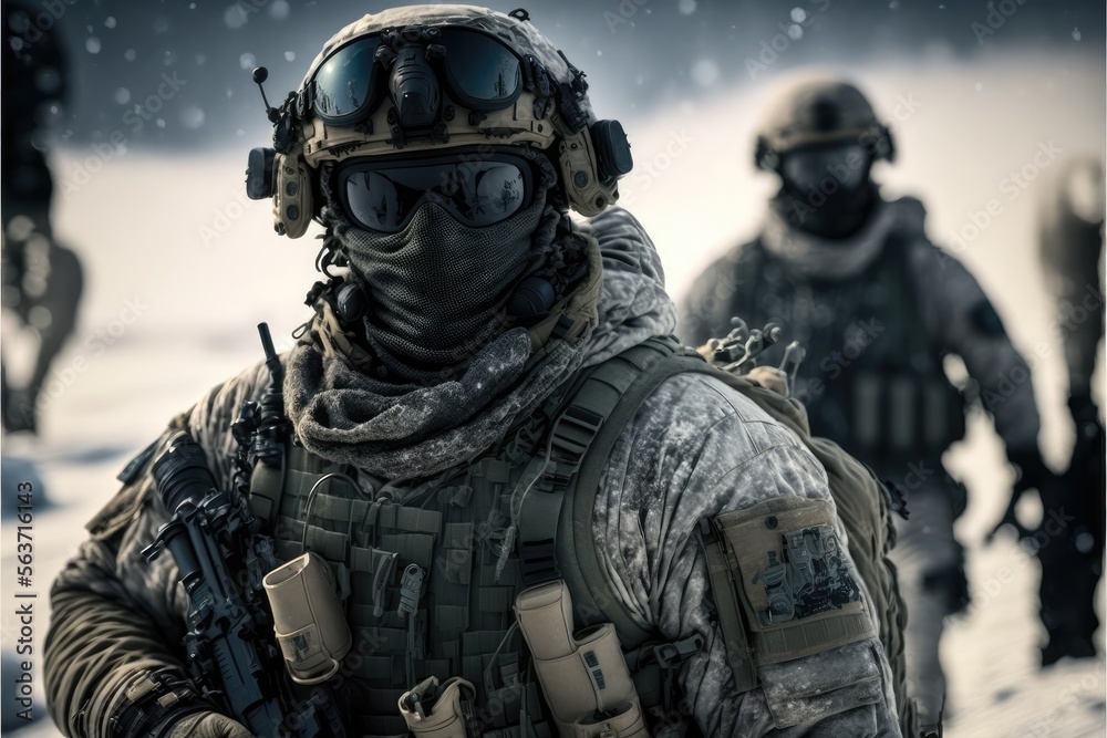 Snow Special Forces Military Unit in Full Tactical Gear in the desert, generative ai ice cold scene
