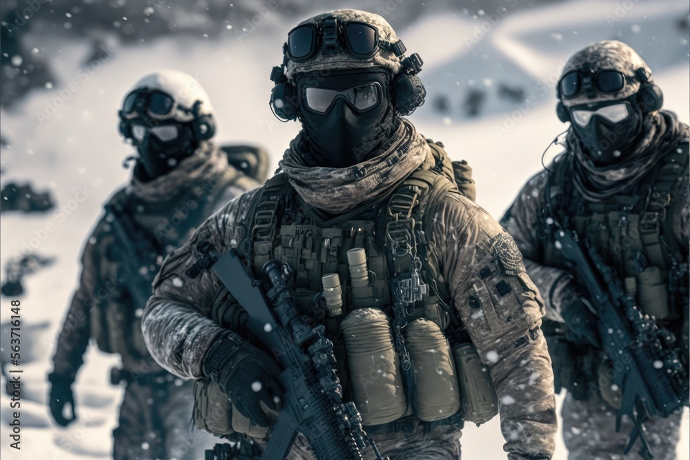 Snow Special Forces Military Unit in Full Tactical Gear in the desert, generative ai ice cold scene Snow Special Forces Military Unit in Full Tactical Gear in the desert, generative ai ice cold scene
