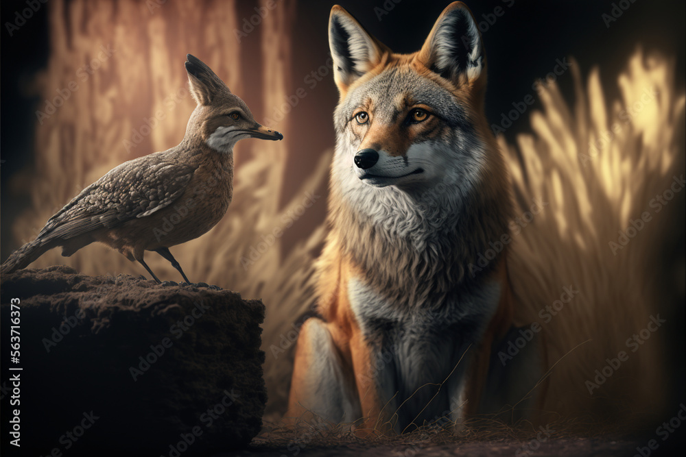 red fox in the jungle looking at bird create with Generative AI technology red fox in the jungle looking at bird create with Generative AI technology
