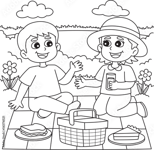 Spring Girl and Boy Having a Picnic Coloring Page