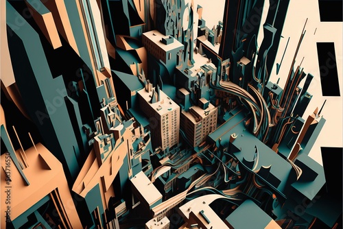  a very large city with lots of tall buildings and a clock tower in the center of the city, with a blue sky background and a white grid of buildings and a black line of. Generative AI © Anna