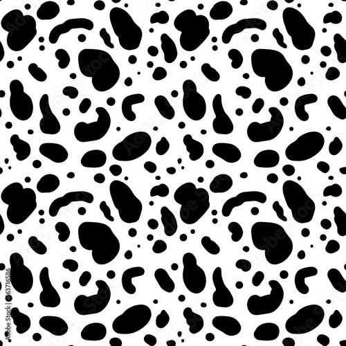 Cow seamless pattern. Black cartoon spots. Dalmatin or moo skin.