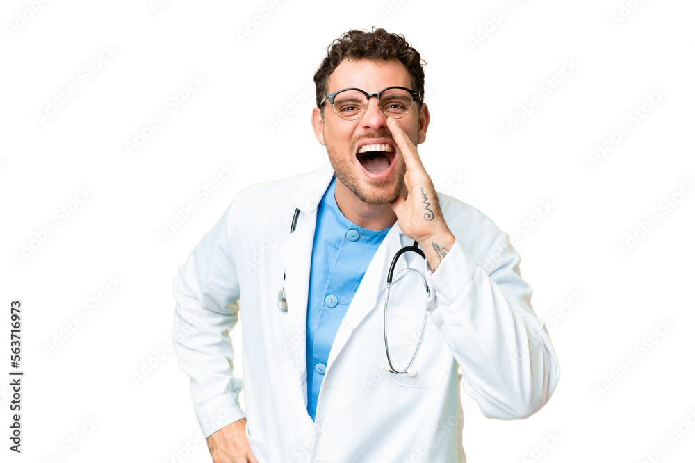 Brazilian doctor man over isolated chroma key background shouting with mouth wide open Brazilian doctor man over isolated chroma key background shouting with mouth wide open