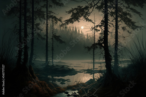 Forest landscape, lake in the middle, foggy, dark, misty woods. Generative ai © The Good Fella