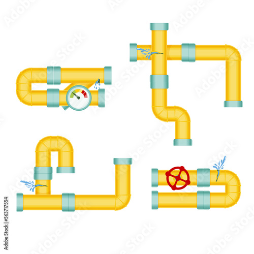 Broken pipes with a leak of steam or lead gas, rupture of the pipeline. Dripping faucet, problems with water supply, broken pipes. Wind illustration isolated on white background.