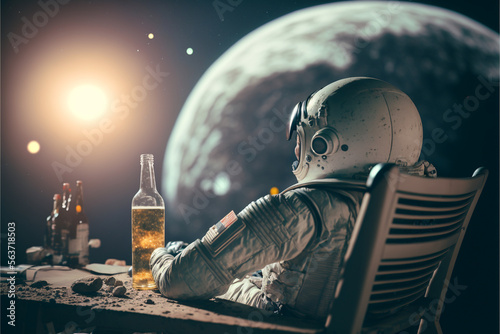 Leinwand Poster An astronaut lies on a sun lounger and drinks beer on an alien planet, the conce