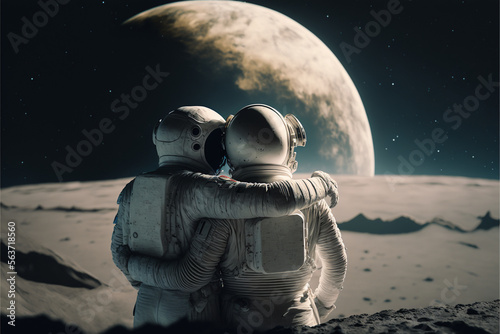 Two astronauts stand hugging on an alien planet and look into the distance, view from the back, friendship concept, AI generated art
