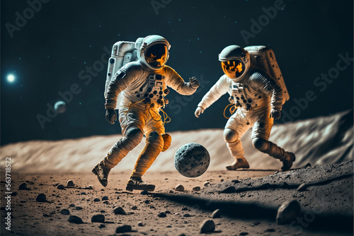 Photo Two astronauts playing football on an alien planet, travel and healthy lifestyle